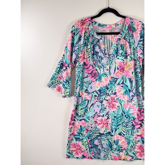 Lilly Pulitzer Dress Blue Mini Teigen Shift Floral V Neck Flared Hawaiian Small - Picture 8 of 14